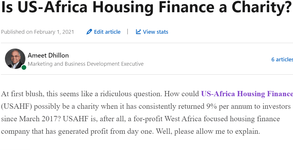 Is US-Africa Housing Finance a Charity?